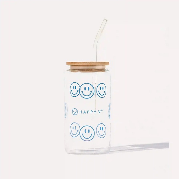 HAPPY V Other - Happy V Smiley Face Glass Cup Bamboo Lid Straw Blue Tumbler NWT